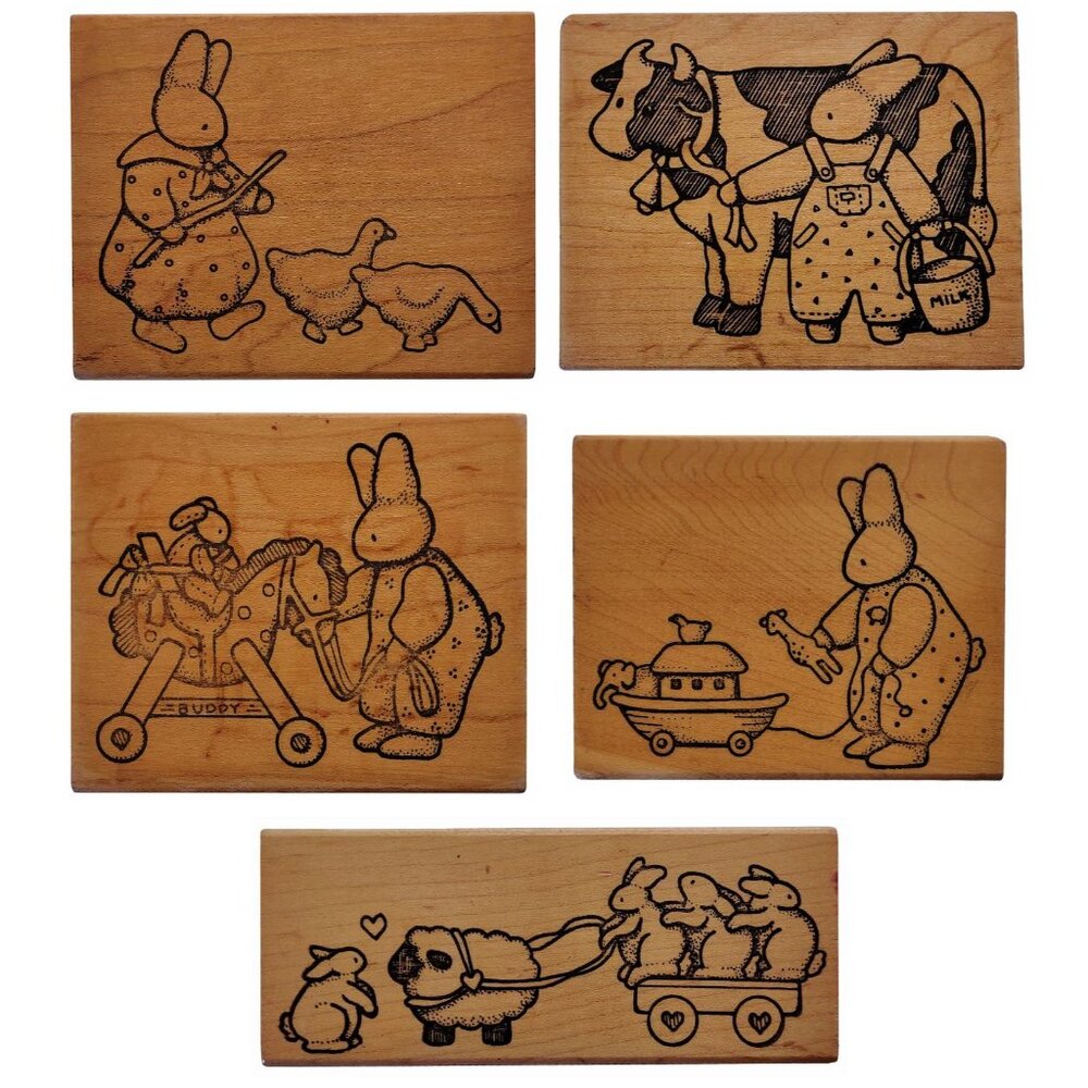 Vintage 1988 Daisy Kingdom Rubber Stamp Set Wood-Mounted Bunny & Farm Animals Th